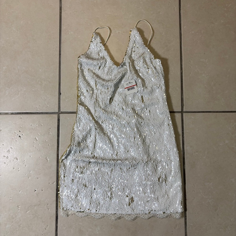 Free People Intimately Gold Rush Sequin Mini Dress Ivory Gold OB564405 Small NWT